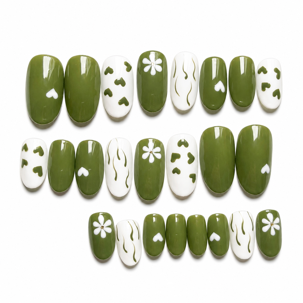 Olive Green & White Floral Heart Press-On Nails (Universal)