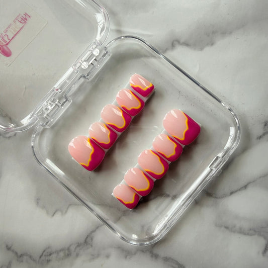 Pink Wave Glossy Press On Nails | Yellow Accent Abstract Nail Set (10 nails)