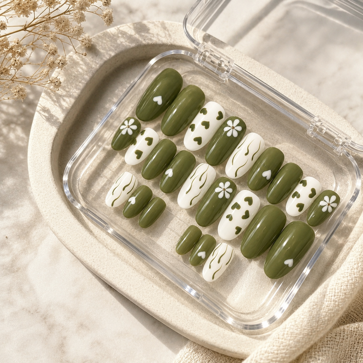 Olive Green & White Floral Heart Press-On Nails (Universal)