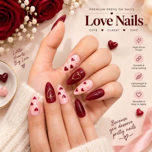 Burgundy Love - Hand Painted Press - On Nails (Universal)