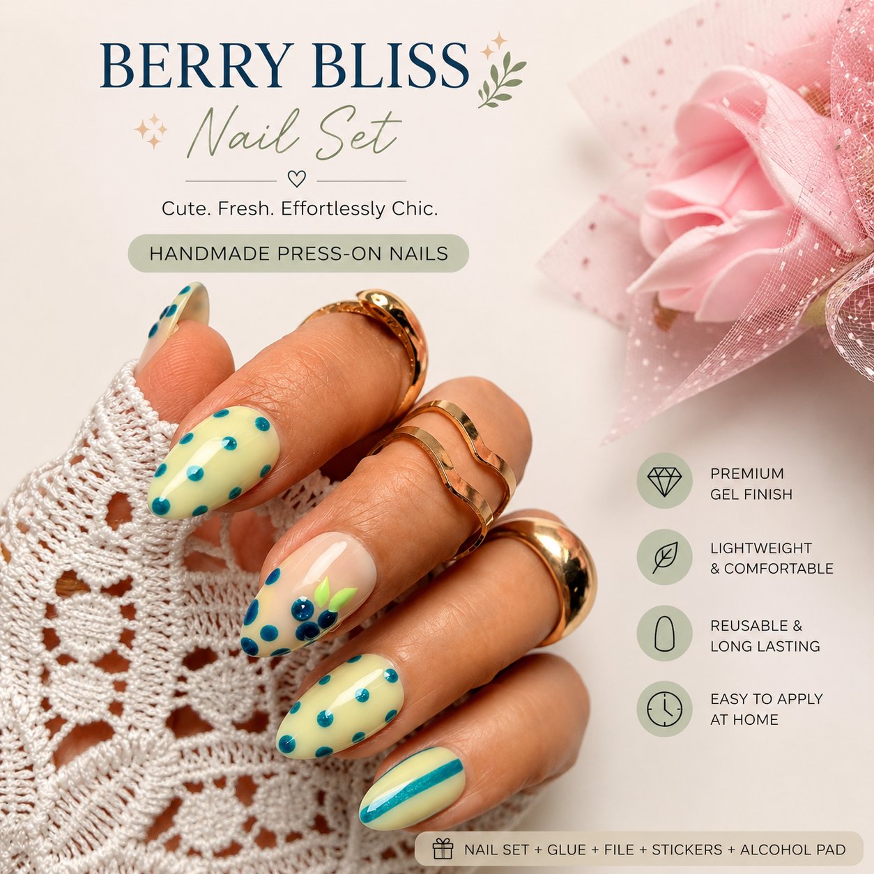 Berry Bliss Nail Set | Cute Pastel Press-On Nails | Handmade Aesthetic 3d Gel Nails (10 nails)