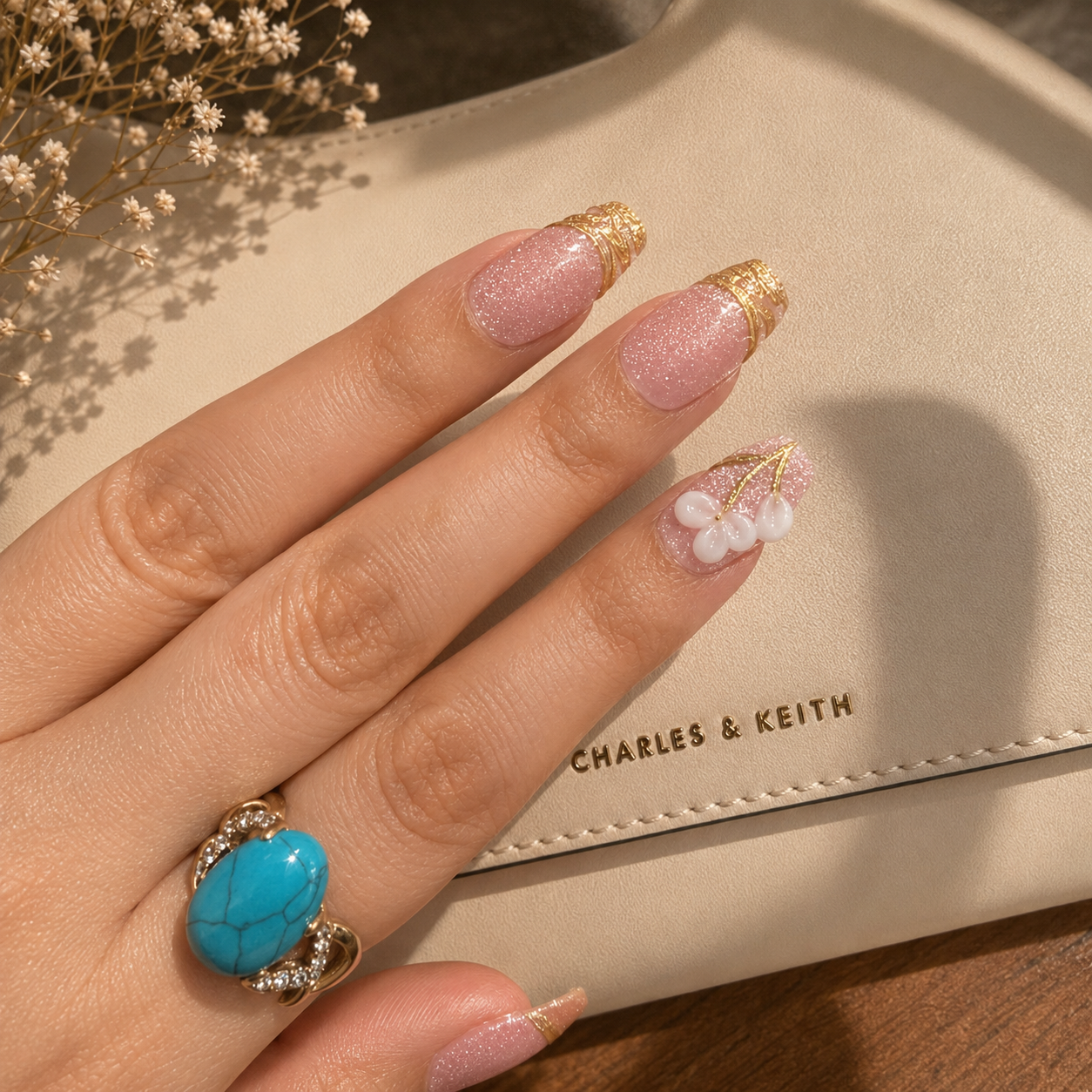 Pink Cat Eye Gold Bloom 3D Press-On Nails (10 nails)
