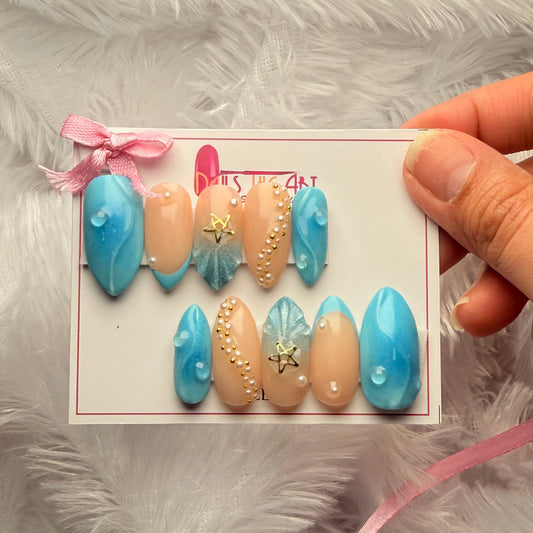 Ocean Pearl 3D Press-On Nails – Aqua Blue Shell Design with Gold Star Charm