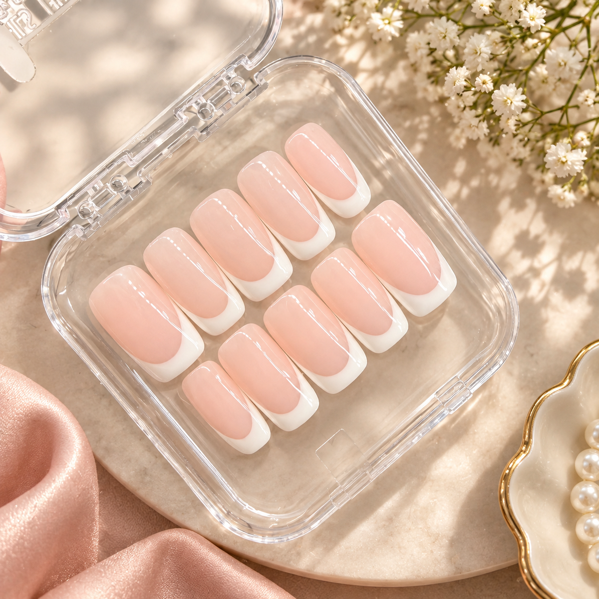 Classic French Tip Square Press -On Nails (10 Nails )