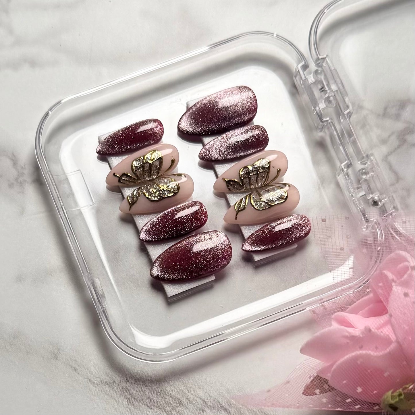 Burgundy Cat Eye Butterfly Press-On Nails | Reusable Almond Nail Set (10 Nails)