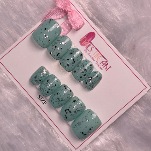 Pastel Green Glitter Press-On Nails – Soft Square Glossy Nails with Silver Speckled Design