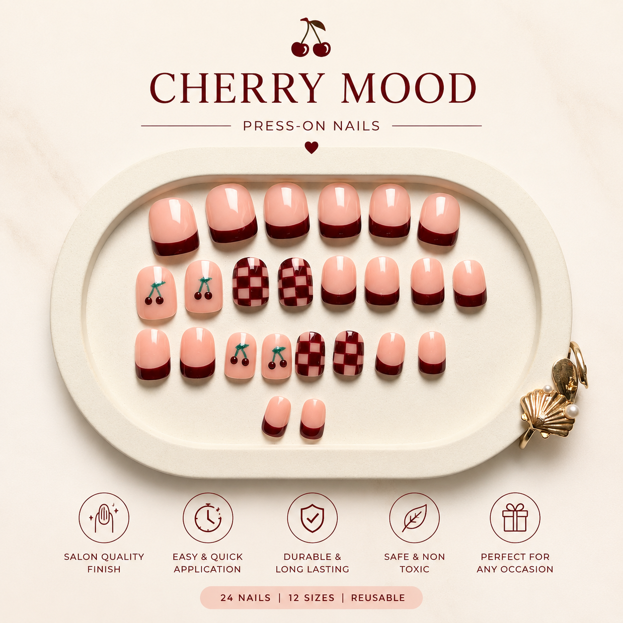 Cherry Bliss Burgundy French Press-On Nails | Handmade Reusable Nail Set (Universal)