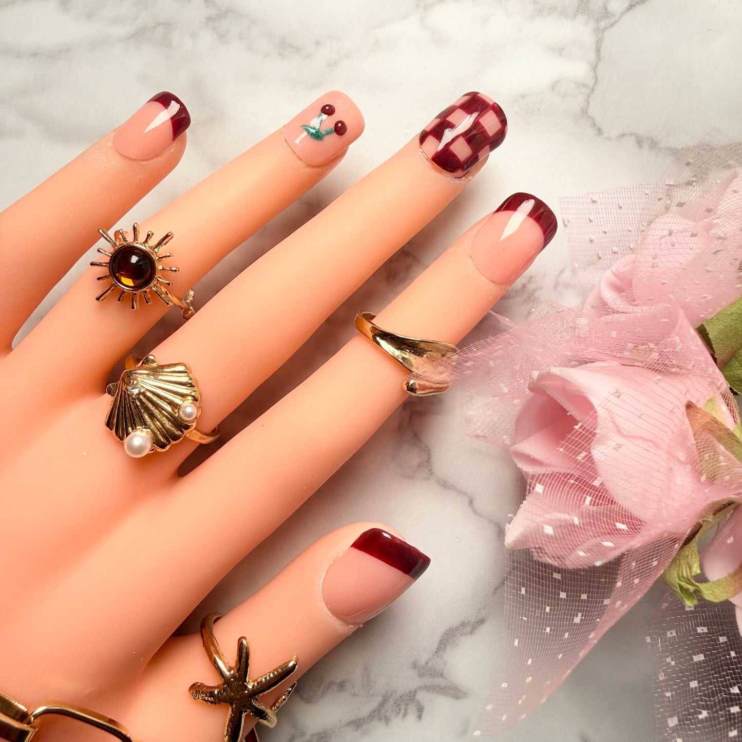 Cherry Bliss Burgundy French Press-On Nails | Handmade Reusable Nail Set (10 nails)