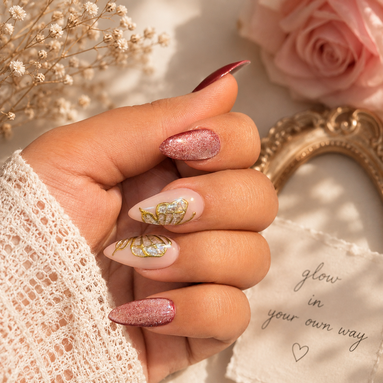 Burgundy Cat Eye Butterfly Press-On Nails | Reusable Almond Nail Set (10 Nails)