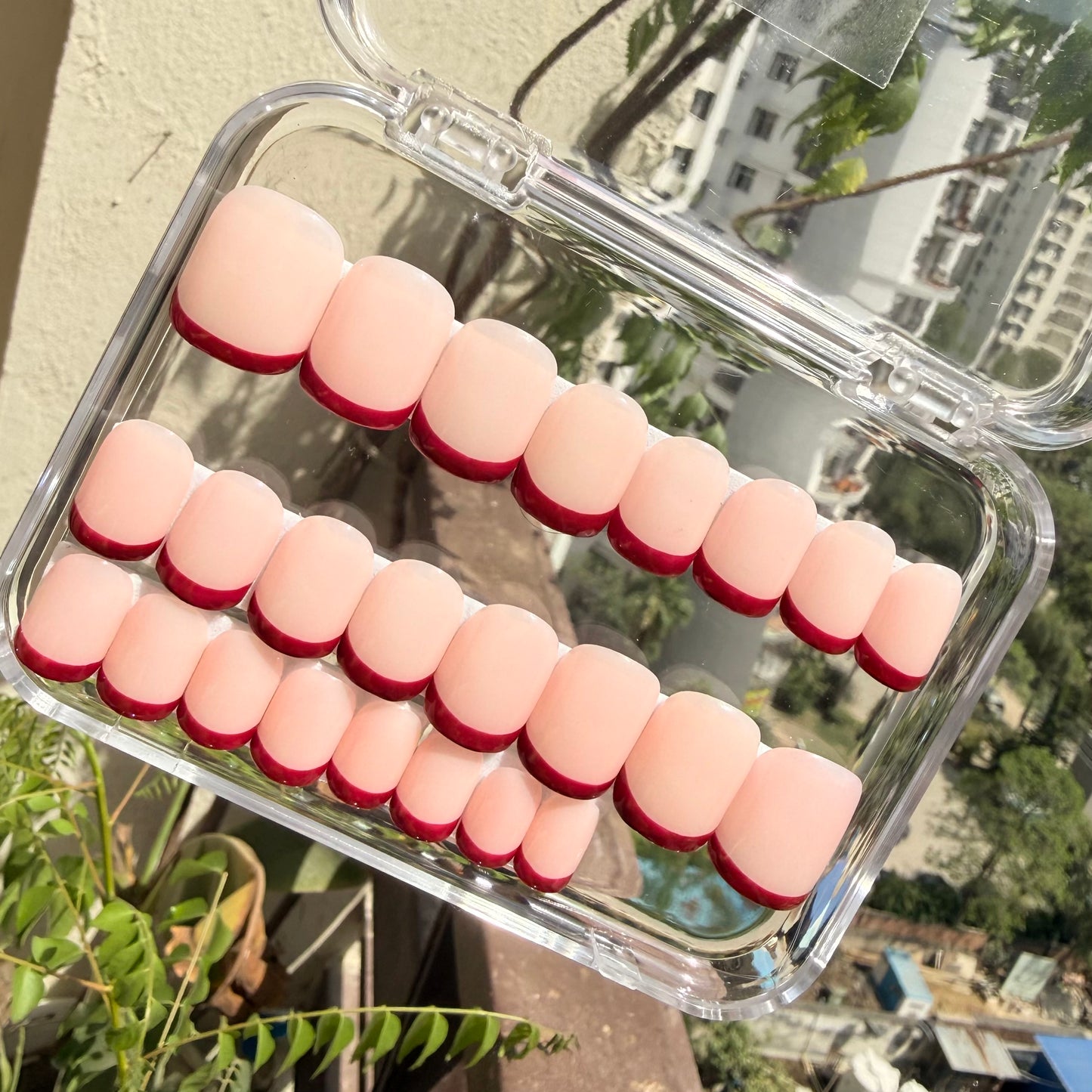 Glossy Cherry French Press-On Nails | Nude Pink Red Tip Nails (24 nails)
