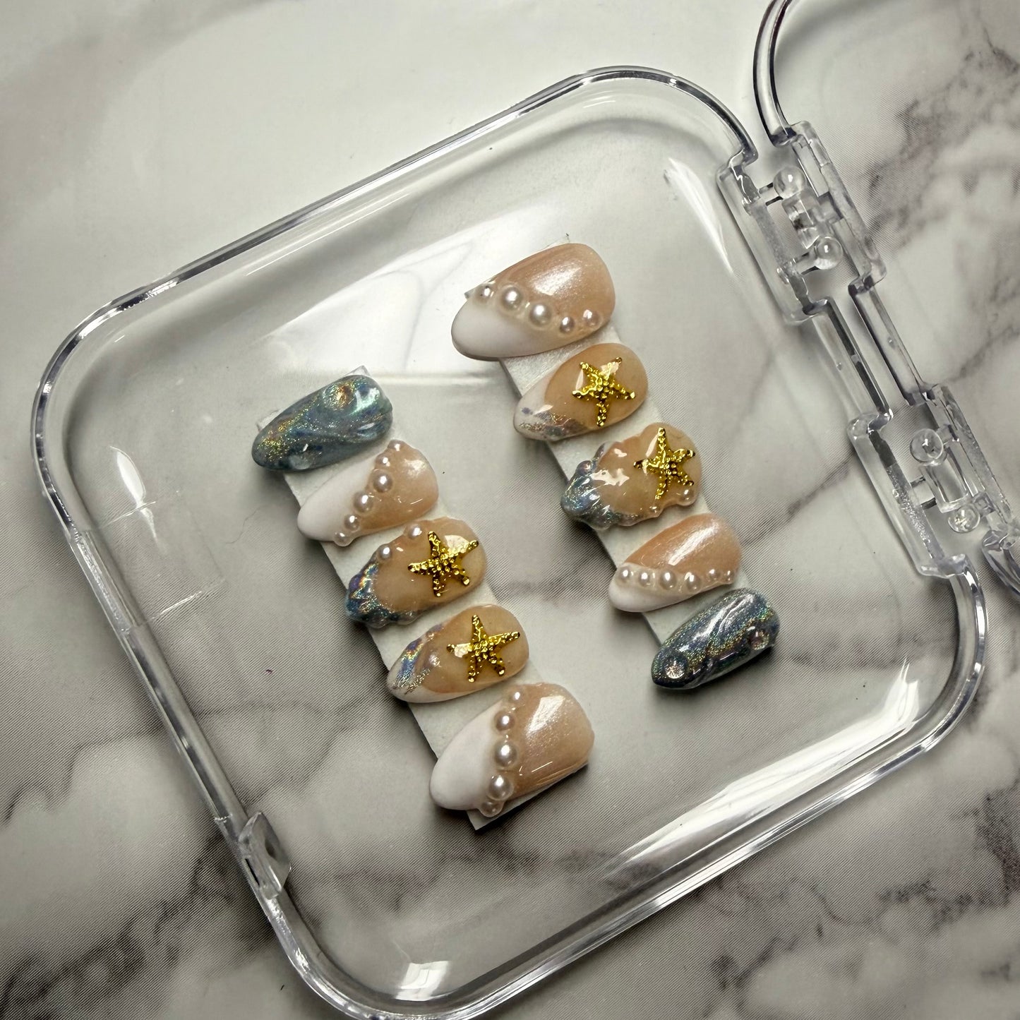 Pearl Starfish Press On Nails | Ocean Inspired 3D Nail Set (10 nails)