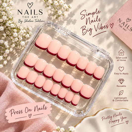 Glossy Cherry French Press-On Nails | Nude Pink Red Tip Nails (24 nails)