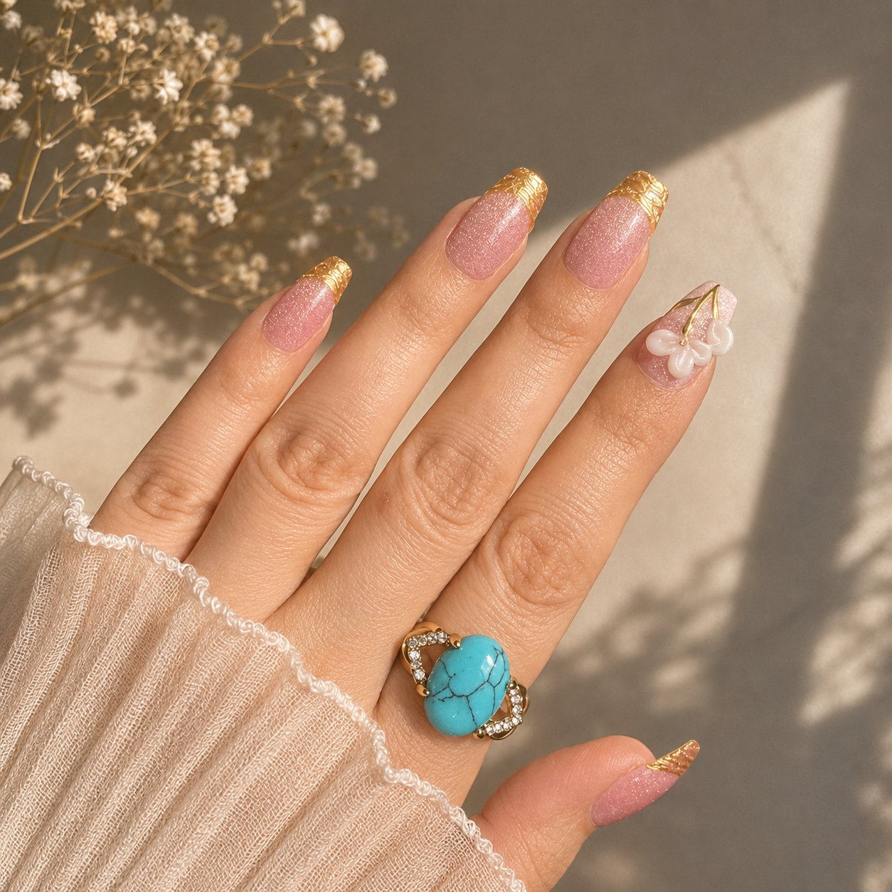 Pink Cat Eye Gold Bloom 3D Press-On Nails (10 nails)