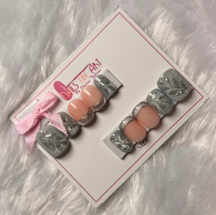 Squoval Nude Silver Cat Eye Press-On Nails with silver Leaf Art – Handmade Luxury Set