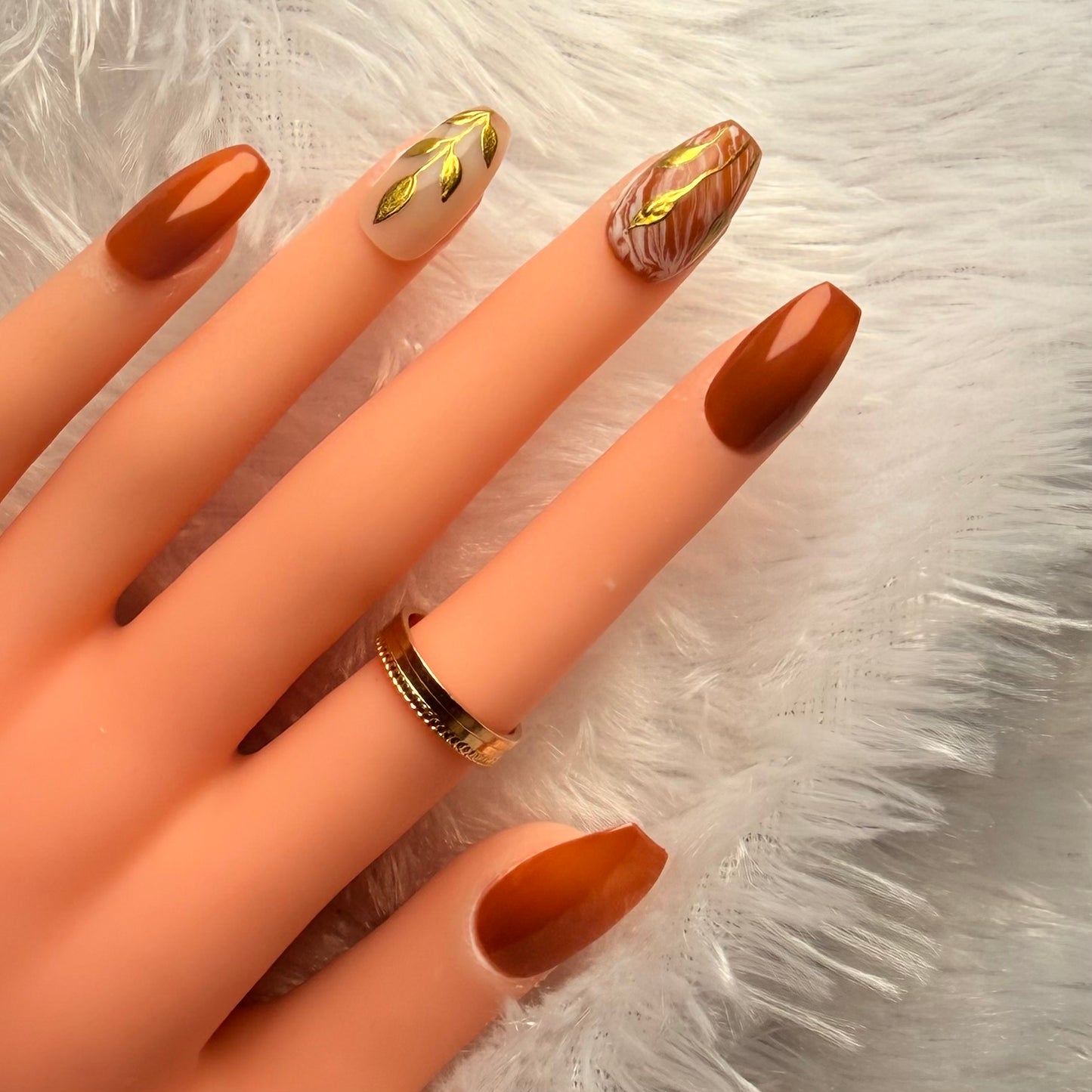 Golden Cocoa Chrome Press-On Nails | Brown & Gold Chrome Luxury Set
