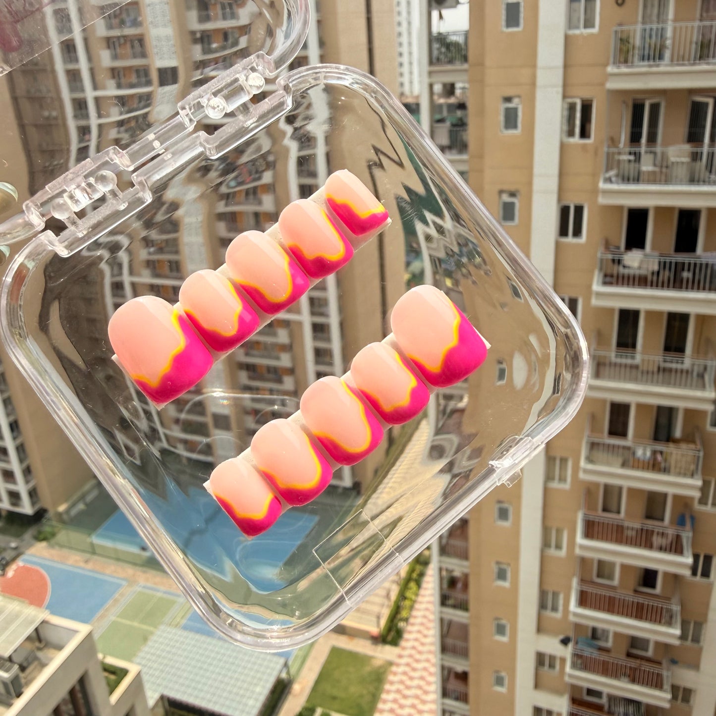 Pink Wave Glossy Press On Nails | Yellow Accent Abstract Nail Set (10 nails)