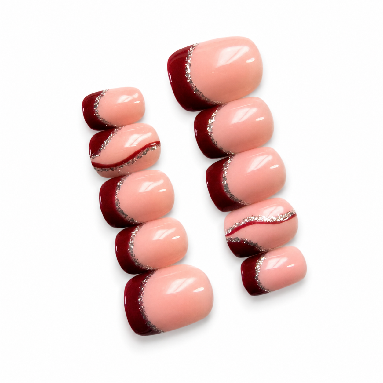 Blush Burgundy French Press-On Nails with Silver Glitter (10 nails)