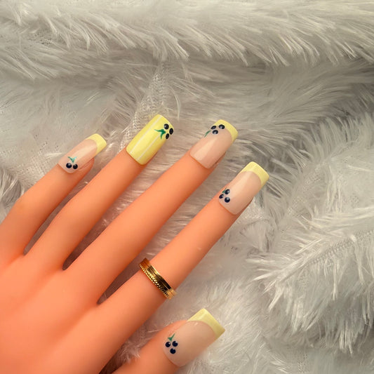 Pastel Lemon French Tips with Cherry Nail Art | Summer Nails