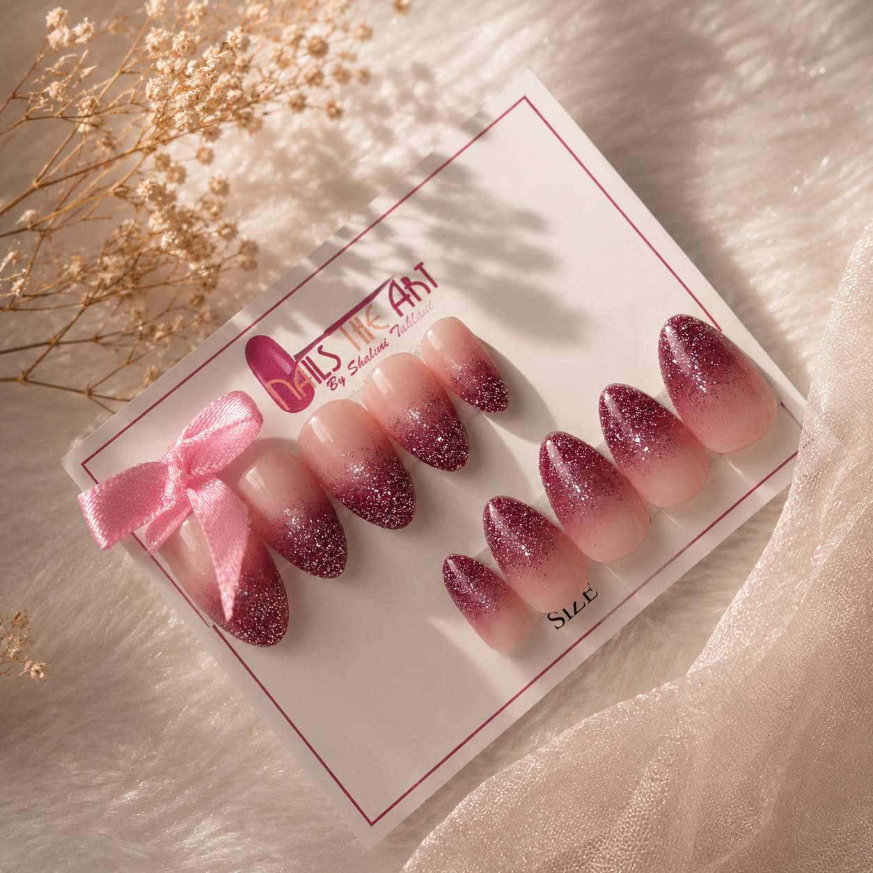 Burgundy Glitter Ombre Short Almond Press-On Nails – Reusable Nail Set (10 nails)