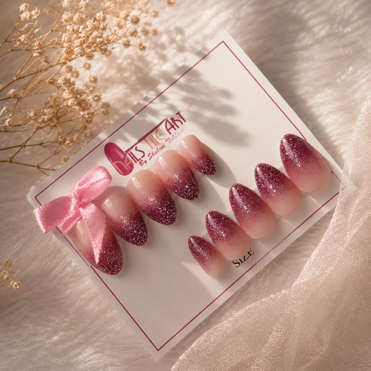 Burgundy Glitter Ombre Short Almond Press-On Nails – Reusable Nail Set (10 nails)