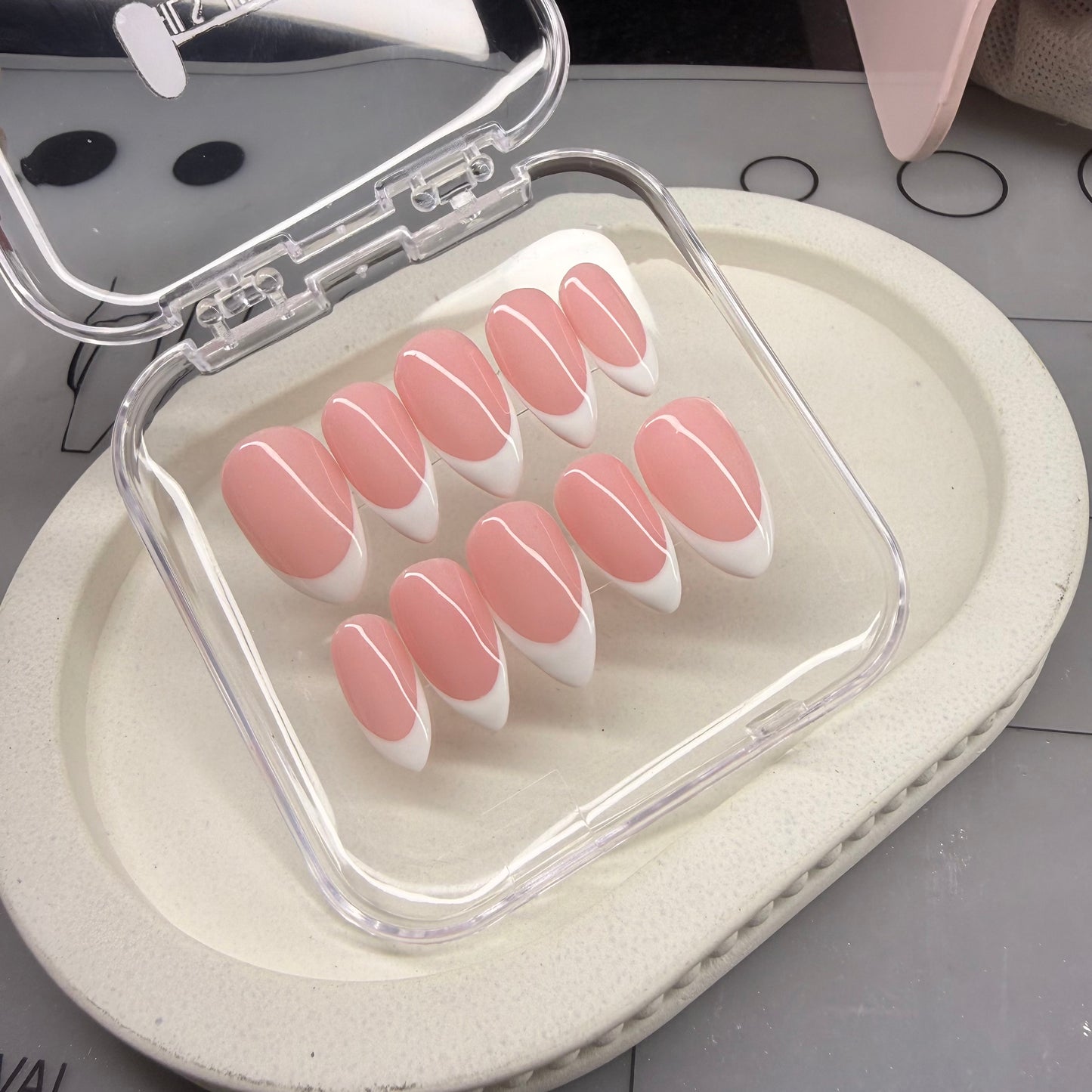 Classy Baby Pink French Tip Press -On Nails | Glossy Almond Shape | Reusable Handmade Nail Set