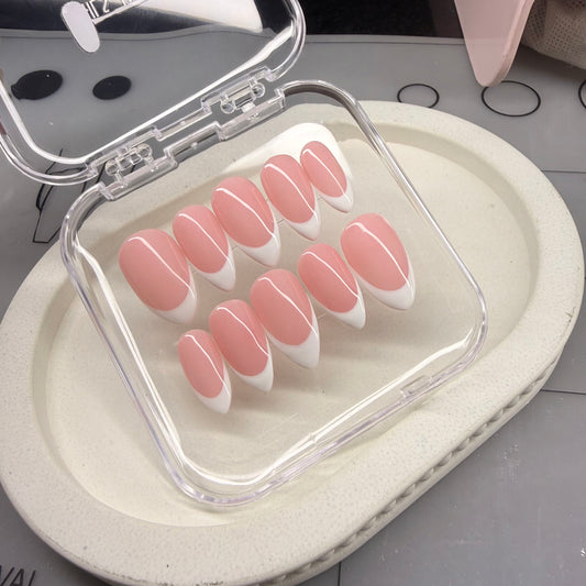 Classy Baby Pink French Tip Press -On Nails | Glossy Almond Shape | Reusable Handmade Nail Set