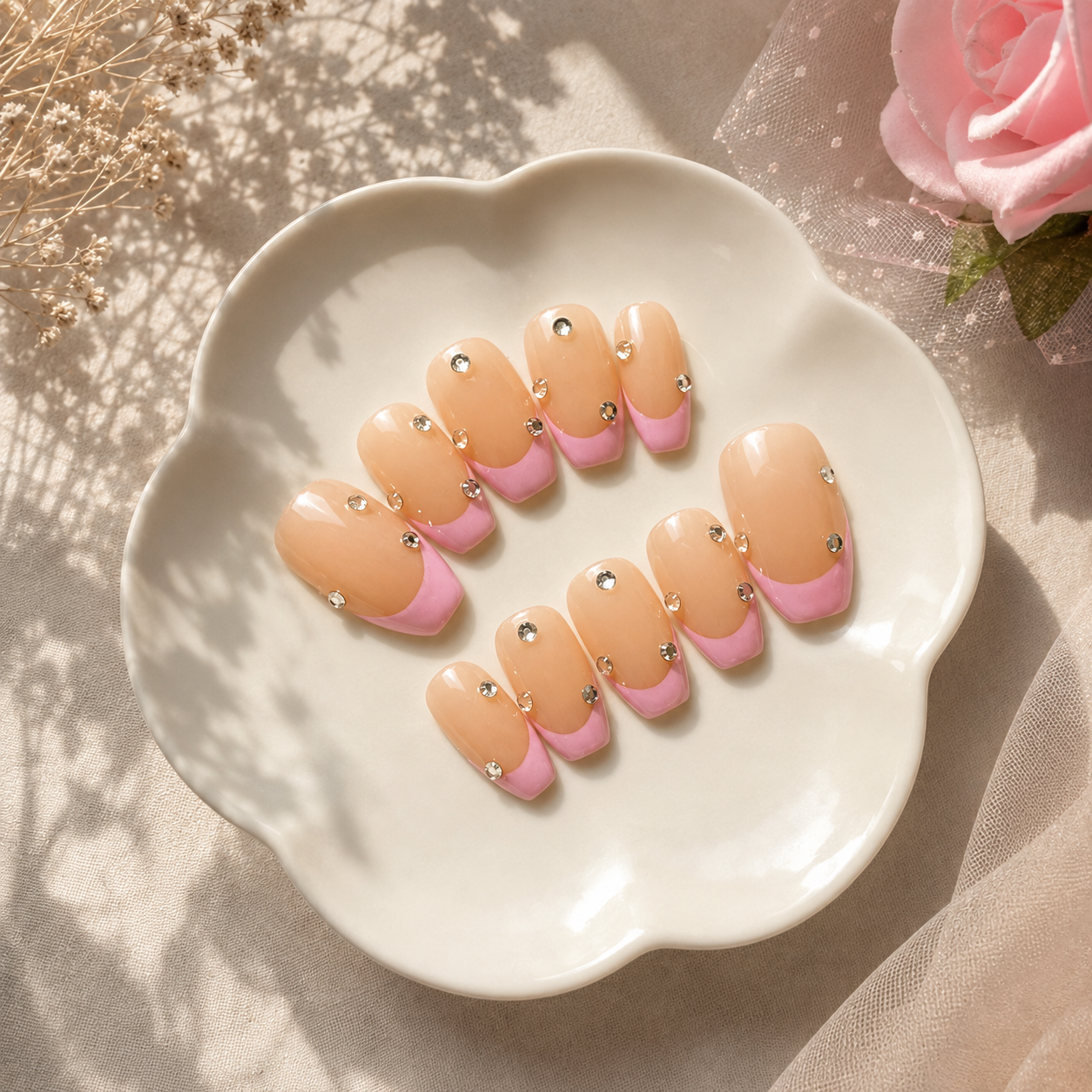 Blush Pink French Rhinestone Press-On Nails (10 Nails)