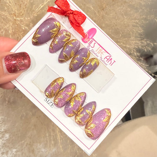 Mauve Cat Eye Gold Leaf Press On Nails – Almond Shape
