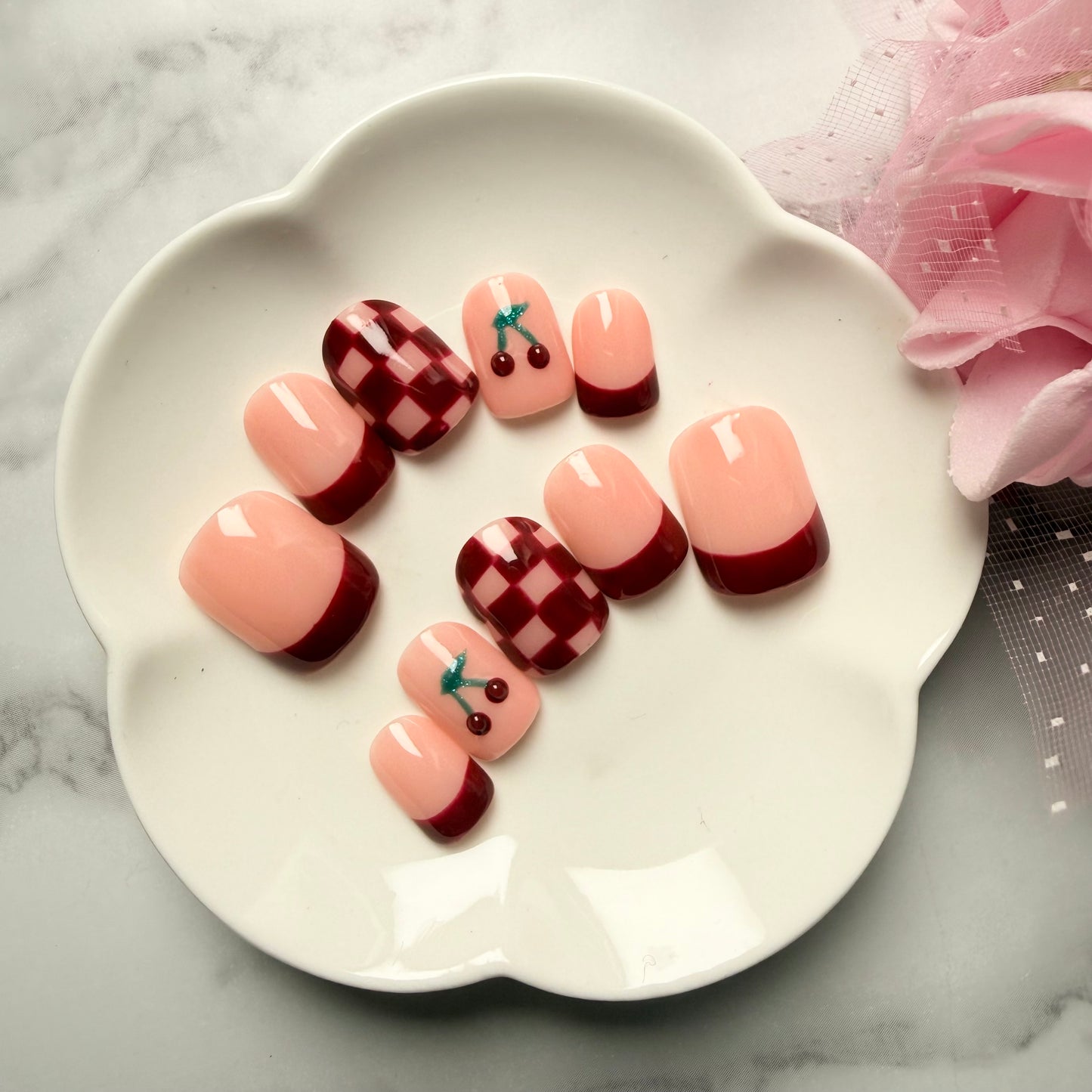 Cherry Bliss Burgundy French Press-On Nails | Handmade Reusable Nail Set (10 nails)