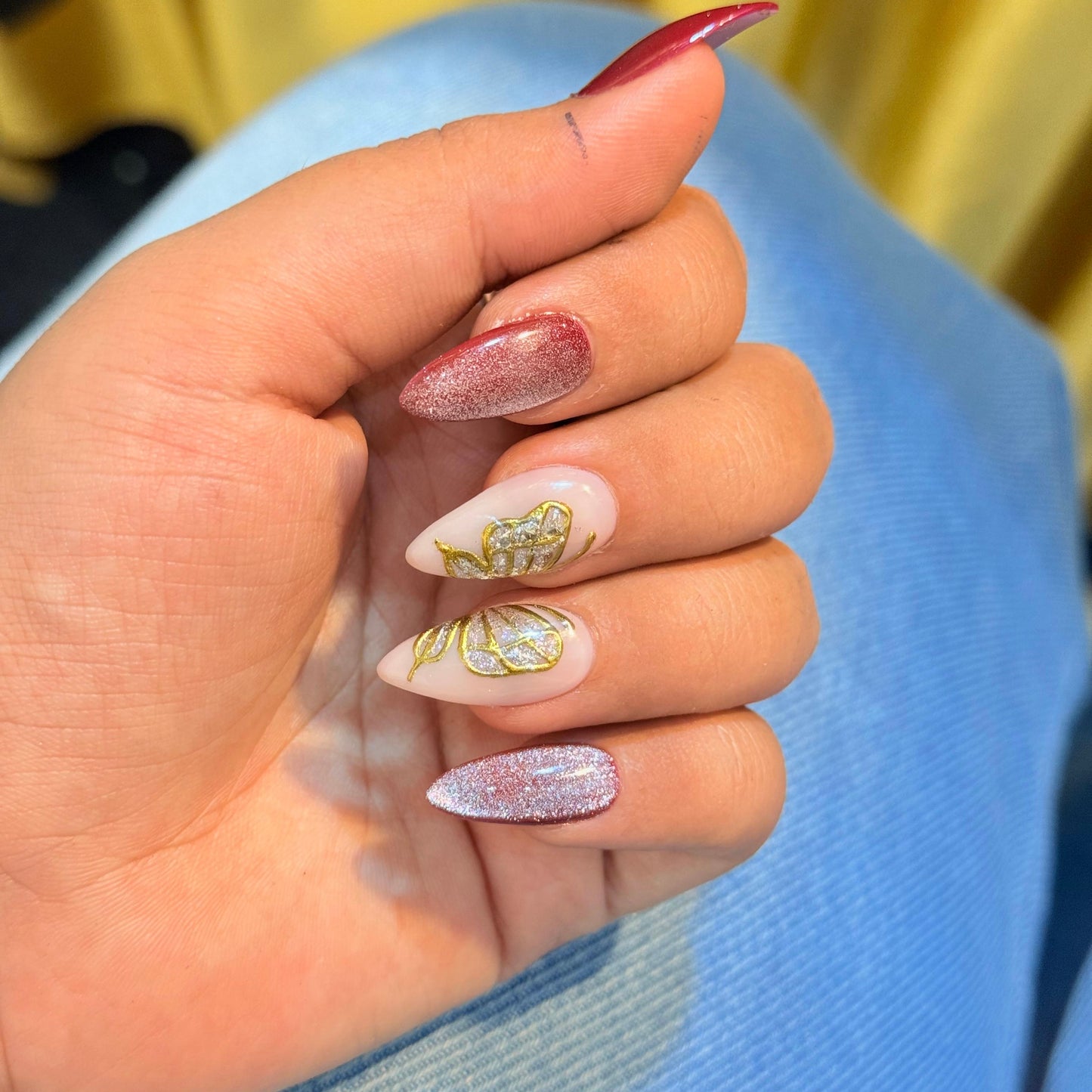 Burgundy Cat Eye Butterfly Press-On Nails | Reusable Almond Nail Set (10 Nails)