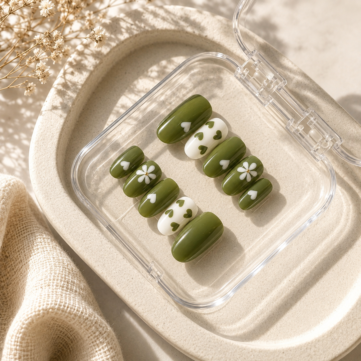 Olive Green & White Floral Heart Press-On Nails (10 Nails)
