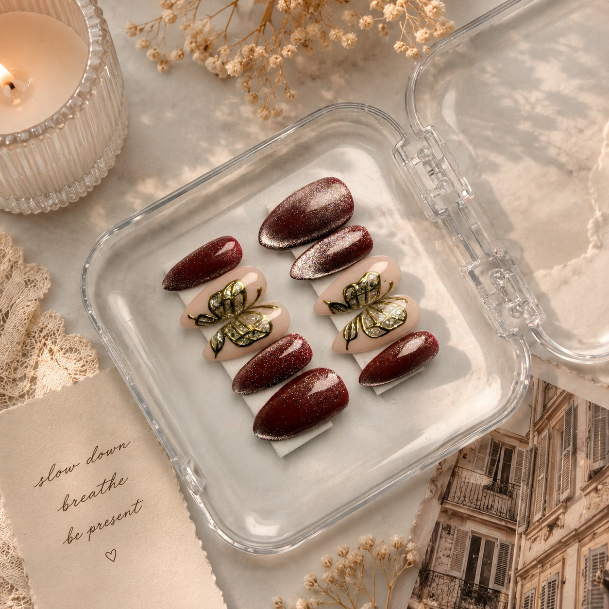 Burgundy Cat Eye Butterfly Press-On Nails | Reusable Almond Nail Set (10 Nails)