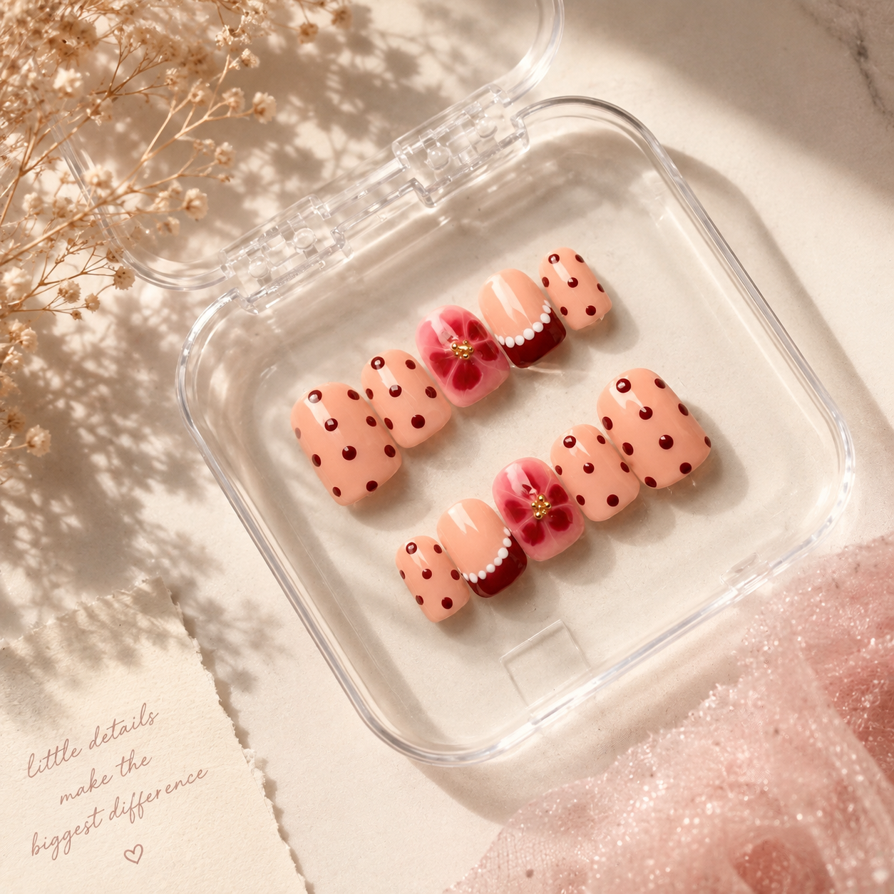 Cherry Blossom Polka Dot Press-On Nails (10 Nails)