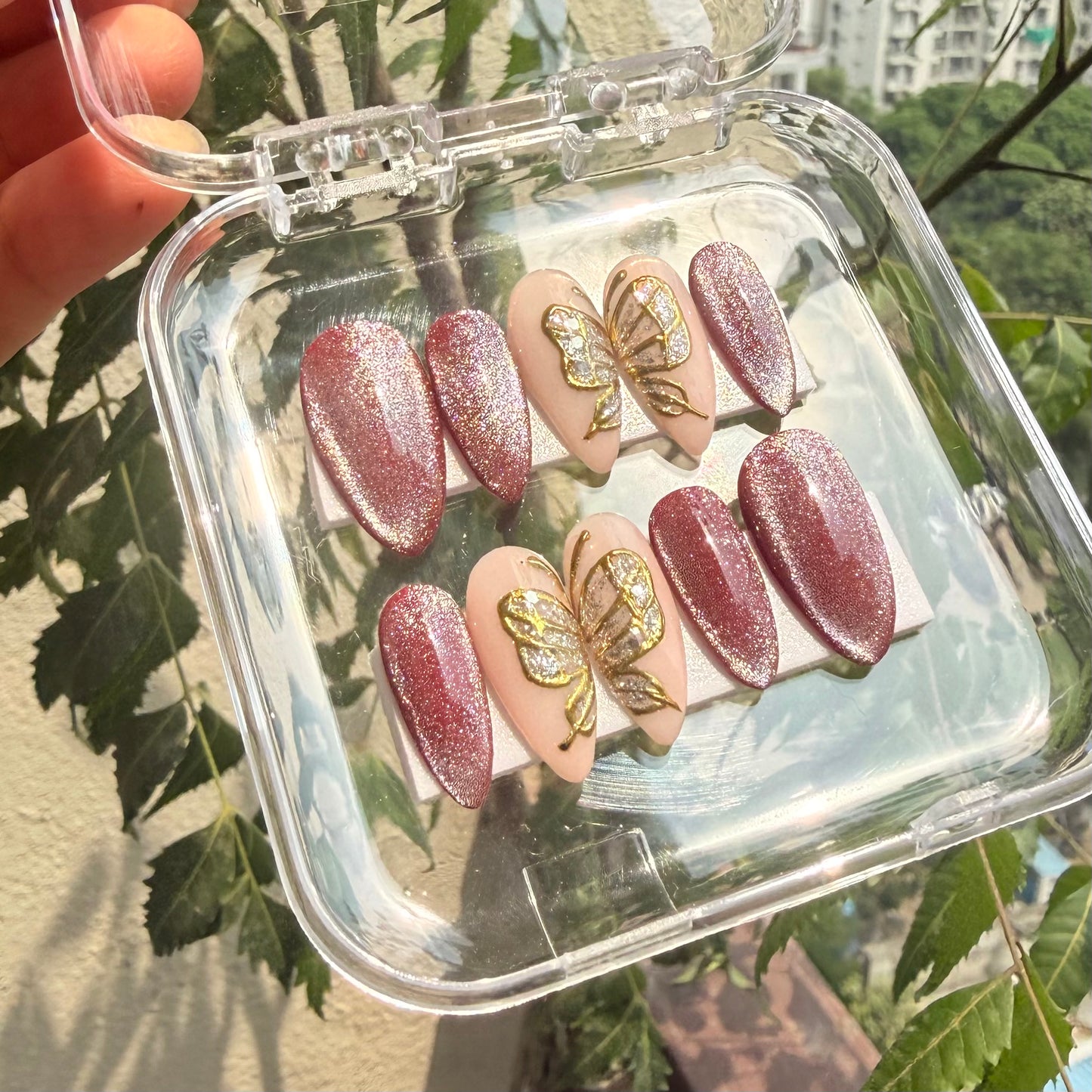 Burgundy Cat Eye Butterfly Press-On Nails | Reusable Almond Nail Set (10 Nails)