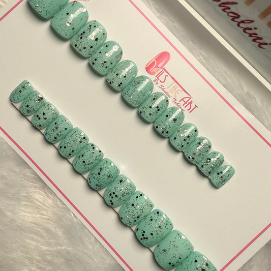 Pastel Green Glitter Press-On Nails – Soft Square Glossy Nails with Silver Speckled Design (Universal)