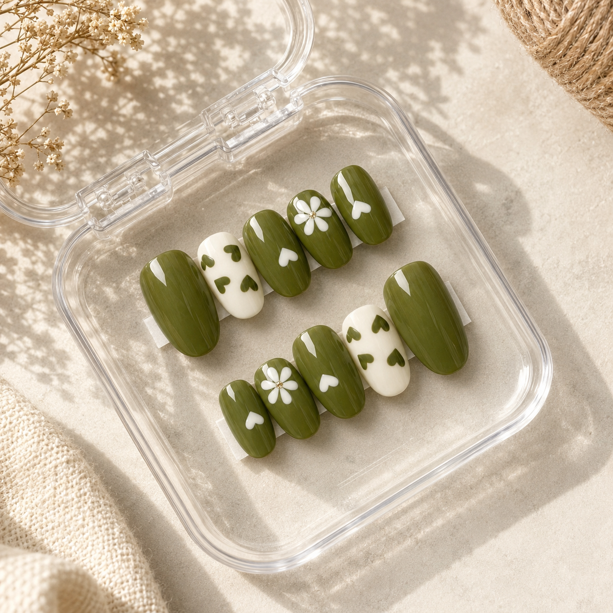 Olive Green & White Floral Heart Press-On Nails (10 Nails)