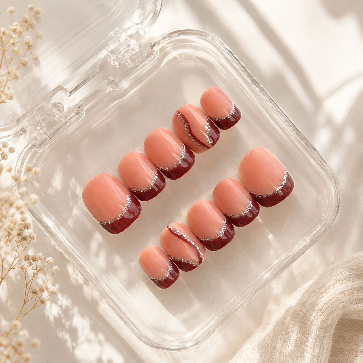 Blush Burgundy French Press-On Nails with Silver Glitter (10 nails)