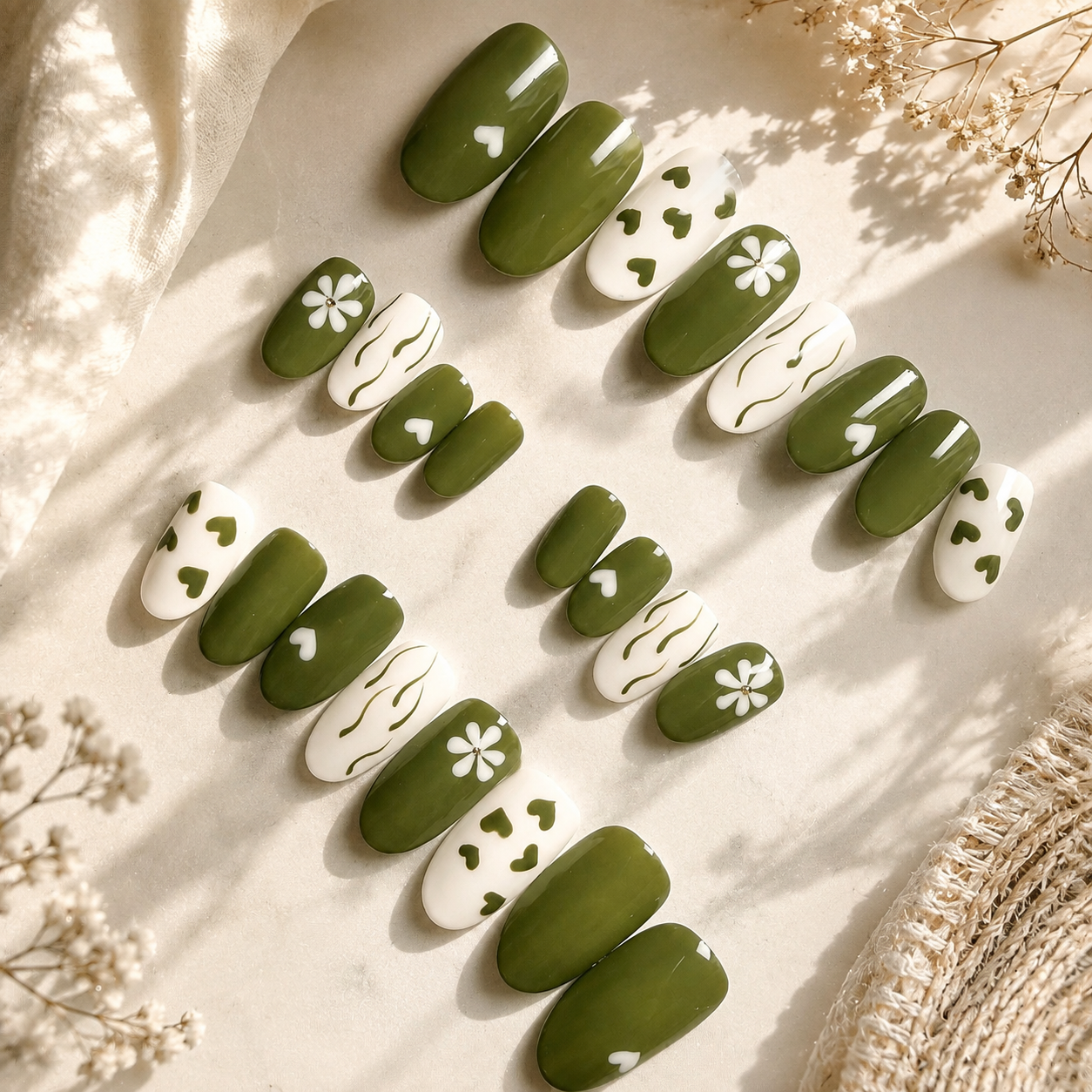 Olive Green & White Floral Heart Press-On Nails (Universal)