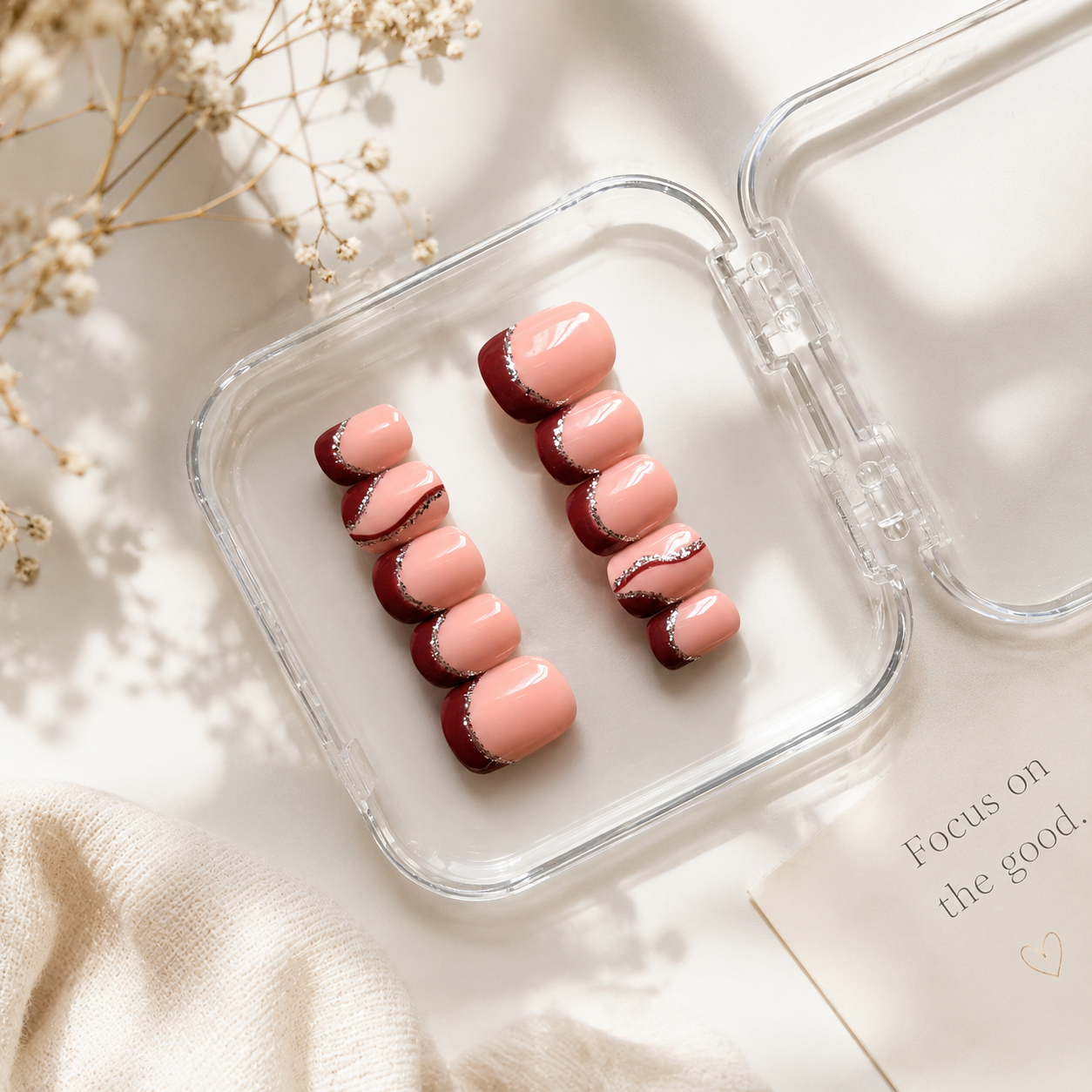 Blush Burgundy French Press-On Nails with Silver Glitter (10 nails)