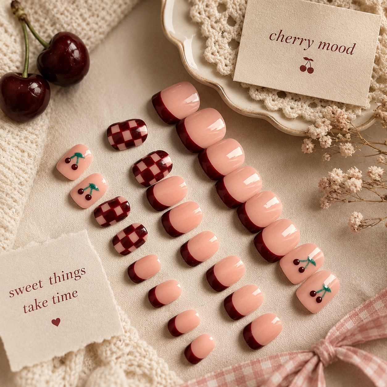 Cherry Bliss Burgundy French Press-On Nails | Handmade Reusable Nail Set (Universal)