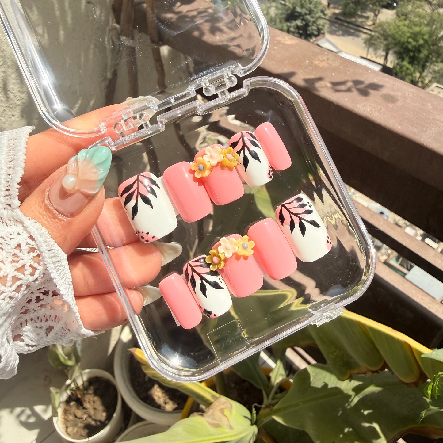 Luxury Pastel Pink 3D Floral Press-On Nails | Handpainted Botanical Nail Set | Reusable Designer Nails (10 nails)