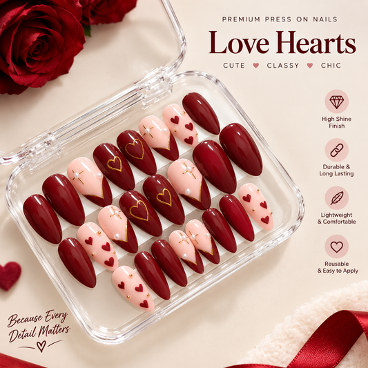 Burgundy Love - Hand Painted Press - On Nails (Universal)
