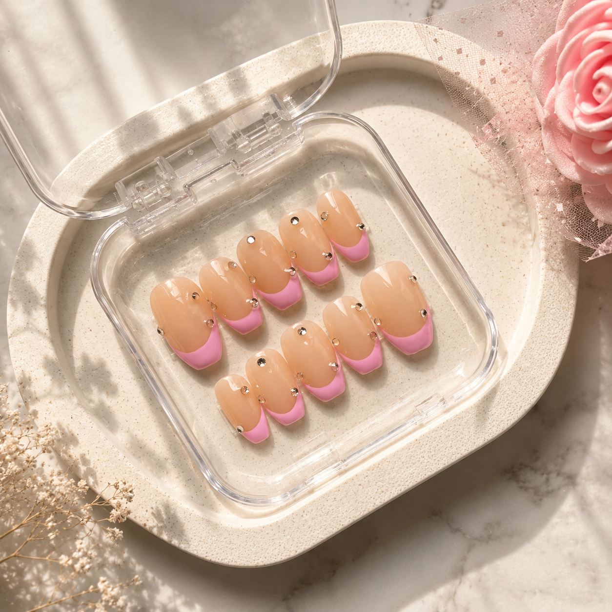 Blush Pink French Rhinestone Press-On Nails (10 Nails)
