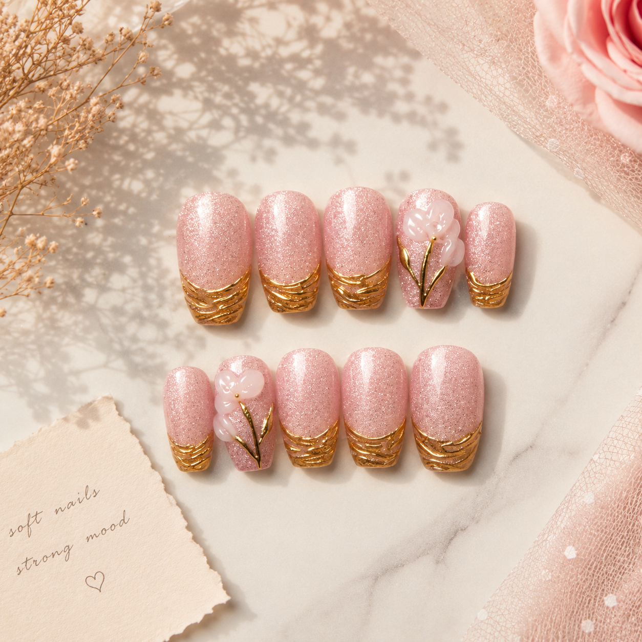 Pink Cat Eye Gold Bloom 3D Press-On Nails (10 nails)