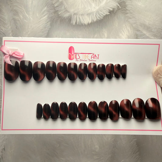 Magnetic Cat Eye Nails – Deep Burgundy Glossy Press-On Set (Universal)