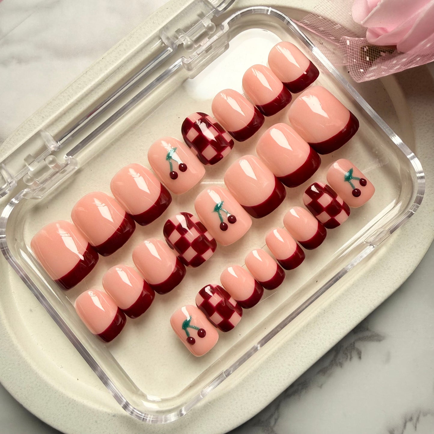Cherry Bliss Burgundy French Press-On Nails | Handmade Reusable Nail Set (Universal)