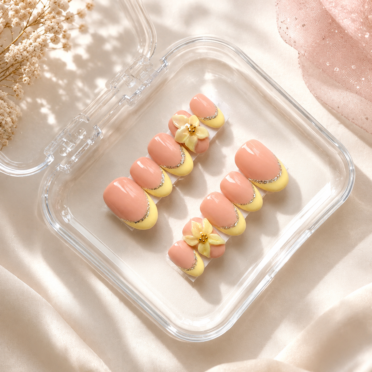 Butter Bloom French Press On Nails | Handmade | 3D Floral Nude Yellow Nails (10 nails)