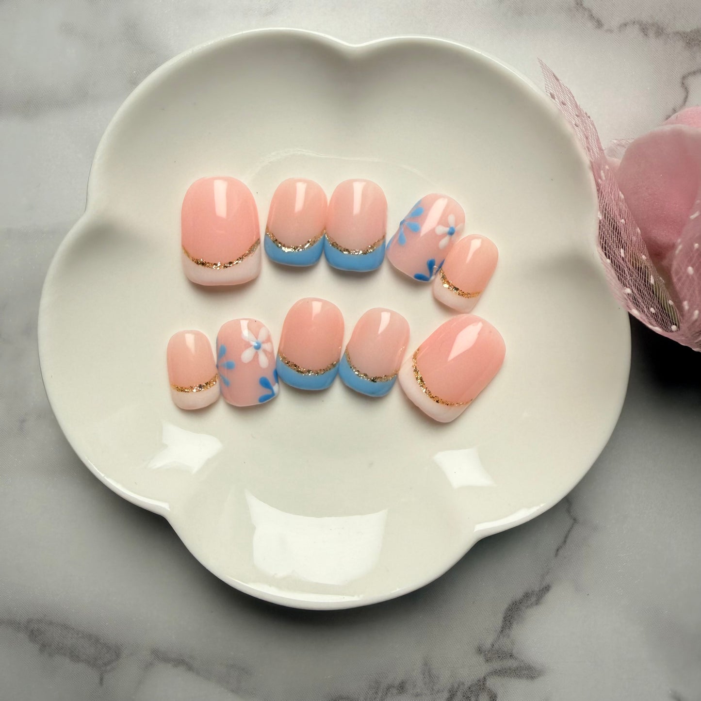 Blue Blossom French Press-On Nails | Nude Base with White & Baby Blue Tips | Handmade Reusable Nail Set (10 nails)