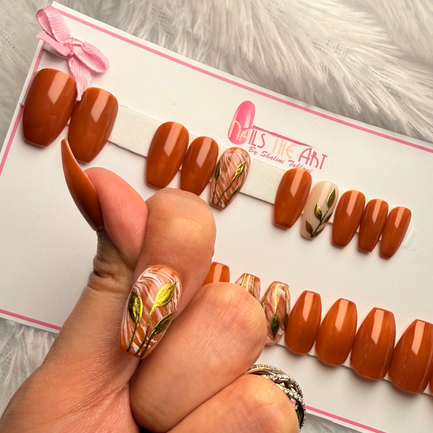 Golden Cocoa Chrome Press-On Nails | Brown & Gold Chrome Luxury Set (Universal )