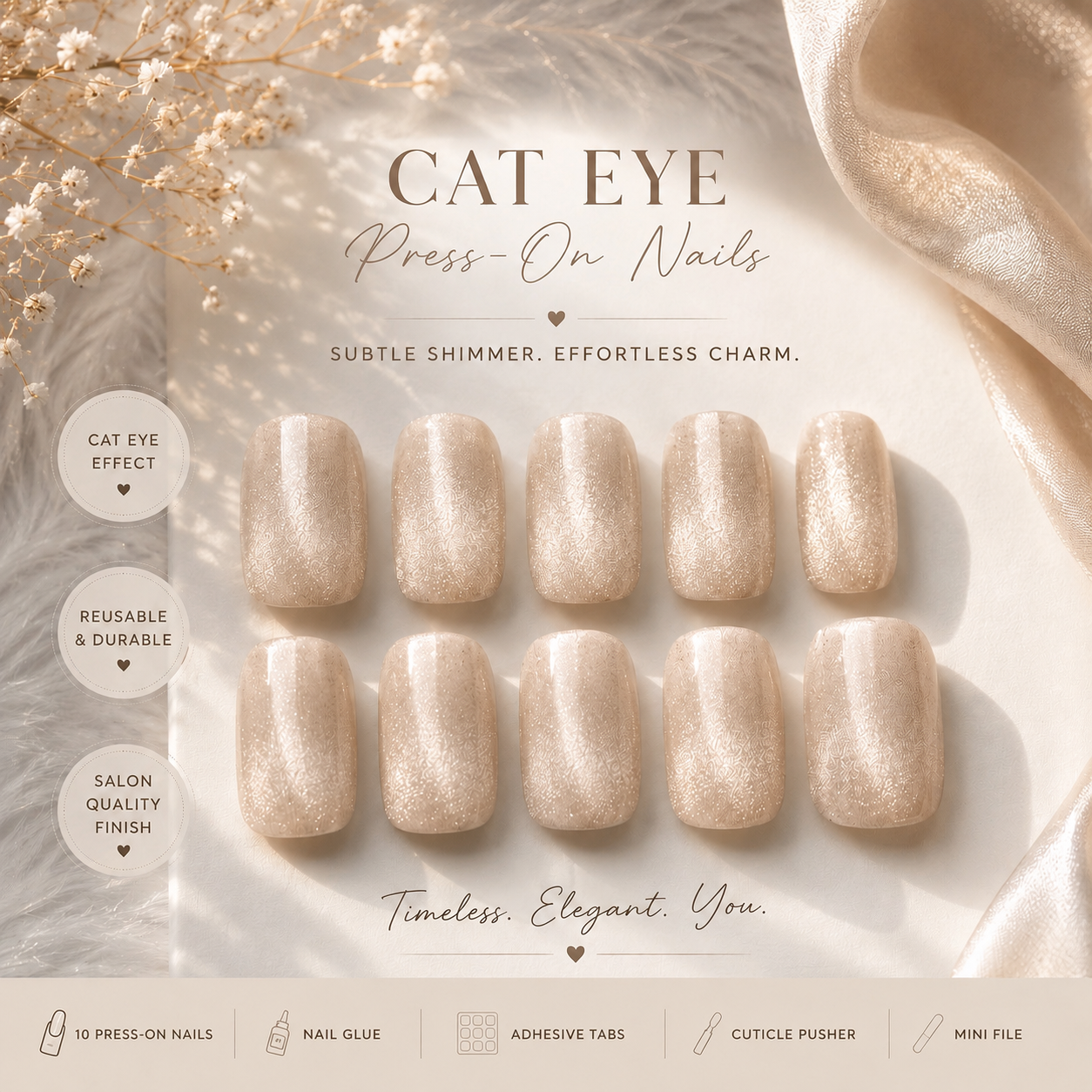 Champagne Cat Eye Press-On Nails | Magnetic Shimmer Luxe  (10 nails)